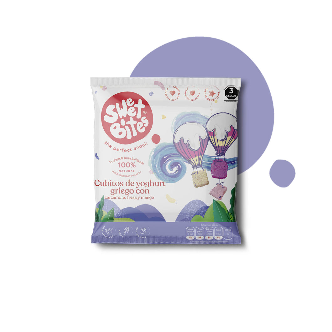 Cubitos de yoghurt griego con zarzamora, fresa y mango Sweet Bites bolsa 15 gramos