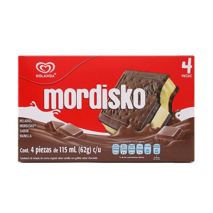 Sándwich helado Holanda Mordisko sabor vainilla 4 pzas de 115 ml c/u