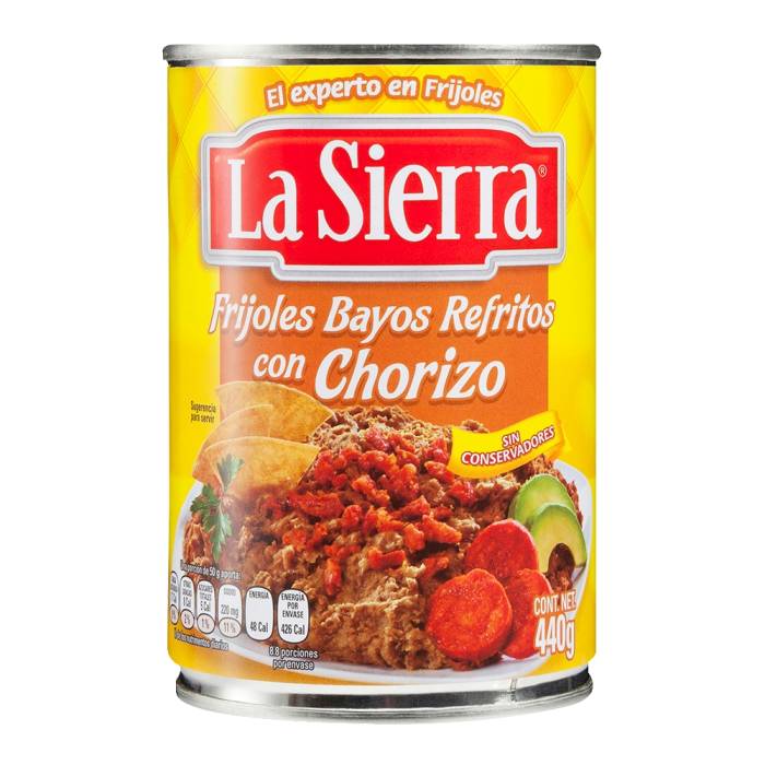 Frijoles bayos La Sierra refritos con chorizo en lata 440 g